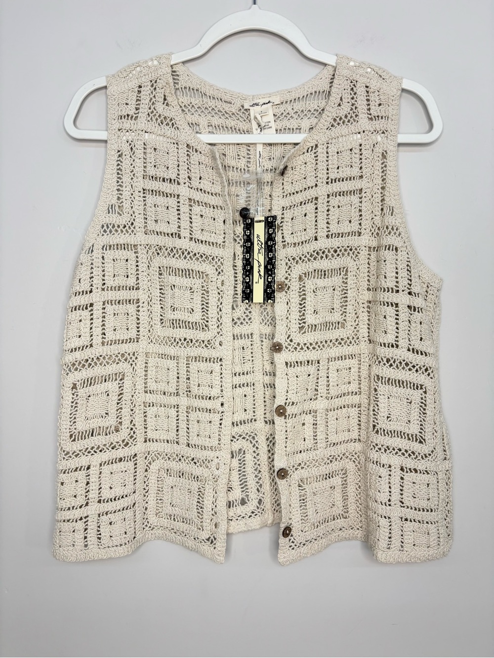 Ultra Pink Crochet Knit Button Front Sweater Vest Cream Cotton Size Small NWT
